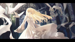 Rule 34 | 1girl, absurdres, blonde hair, blue eyes, closed mouth, clothing cutout, collarbone, dress, floating hair, highres, huge filesize, indoors, letterboxed, long dress, long hair, looking at viewer, neiless neiro, original, outdoors, shoulder cutout, sleeves past fingers, sleeves past wrists, solo, stained glass, standing, very long hair, white dress
