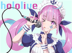 Rule 34 | &gt; o, 1girl, ;), ;p, \m/, absurdres, ahoge, anchor symbol, blue background, blue hair, blush, braid, colored inner hair, copyright name, eyes visible through hair, french braid, fuji dorokai, highres, holding, holding microphone, hololive, long hair, looking at viewer, maid headdress, microphone, minato aqua, minato aqua (1st costume), multicolored hair, one eye closed, puffy short sleeves, puffy sleeves, purple eyes, purple hair, short sleeves, smile, solo, tongue, tongue out, twintails, two-tone hair, upper body, v, v over mouth, virtual youtuber, wrist cuffs