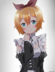 Rule 34 | 1girl, 2020, 20s, absurdres, alternate costume, aqua eyes, arm up, artist name, blonde hair, blush, closed mouth, commentary request, detached sleeves, enmaided, facing viewer, hair between eyes, headband, highres, long sleeves, looking at viewer, maid, petra leyte, re:zero kara hajimeru isekai seikatsu, red headband, roswaal mansion maid uniform, shirokane, short hair, smile, solo, spoilers, upper body, wide sleeves