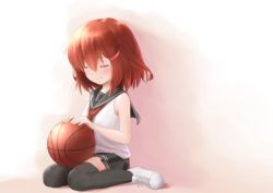 Rule 34 | 10s, 1girl, adapted costume, ball, basketball, basketball (object), black thighhighs, brown hair, closed eyes, hair ornament, hairclip, highres, ikazuchi (kancolle), kantai collection, neckerchief, red neckerchief, school uniform, serafuku, shoes, short hair, sitting, skirt, smile, sneakers, solo, thighhighs, wamu (chartreuse), wariza