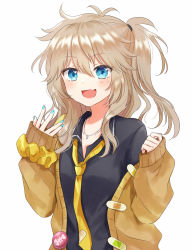 Rule 34 | 1girl, :3, :d, ahoge, badge, bandaid, bandaid on clothes, blue eyes, blush, brown hair, button badge, cardigan, fang, fish skeleton print, hair tie, hands up, highres, jewelry, kasukabe tsumugi, long hair, long sleeves, looking at viewer, nail polish, necklace, necktie, one side up, open mouth, rooibos, school uniform, scrunchie, unworn scrunchie, skin fang, sleeves past wrists, smile, solo, undone necktie, voicevox