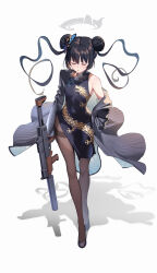 Rule 34 | 1girl, absurdres, black hair, blue archive, china dress, chinese clothes, cigarette, closed eyes, cs/ls06, double bun, dragon print, dress, full body, gun, hair bun, halo, hand in pocket, highres, holding, holding gun, holding weapon, jacket, kisaki (blue archive), long hair, pantyhose, platform footwear, platform heels, print dress, shoes, single bare shoulder, smoking, solo, standing, striped clothes, striped jacket, submachine gun, vertical-striped clothes, vertical-striped jacket, weapon, white background, xintianou