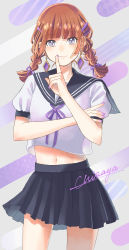 1girl black_skirt braid brown_hair earrings hair_ornament hairclip highres index_finger_raised jewelry nail_polish navel original piercing purple_eyes purple_nails school_uniform serafuku shirt short_sleeves skirt solo standing twin_braids twintails white_shirt yuzor_a_rancia