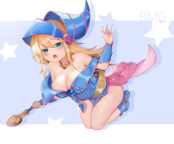 Rule 34 | 1girl, bare shoulders, blonde hair, blue dress, blush stickers, boots, breasts, cleavage, collarbone, commentary request, dark magician girl, dress, duel monster, full body, green eyes, hat, highres, holding, large breasts, long hair, looking at viewer, open mouth, shadow, shiny skin, short dress, simple background, solo, strapless, strapless dress, thighs, wand, wizard hat, yinori, yu-gi-oh!, yu-gi-oh! duel monsters