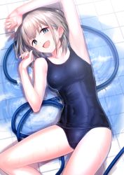 Rule 34 | 1girl, :d, absurdres, arm above head, armpits, bare shoulders, blue eyes, blue one-piece swimsuit, blush, breasts, collarbone, covered navel, grey hair, highres, hose, idolmaster, idolmaster shiny colors, lying, on back, one-piece swimsuit, open mouth, school swimsuit, serizawa asahi, short hair, small breasts, smile, solo, swimsuit, thighs, tiles, ulrich (tagaragakuin), water