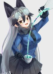 Rule 34 | 1girl, absurdres, animal ear fluff, animal ears, bad id, bad pixiv id, black hair, breasts, commentary request, decantering, extra ears, eyewear on head, fox ears, fox tail, fur-trimmed sleeves, fur trim, glasses, highres, kemono friends, long hair, looking at viewer, mappuri, medium breasts, multicolored hair, necktie, open mouth, pantyhose, silver fox (kemono friends), silver hair, simple background, solo, tail, two-tone hair, very long hair, white background