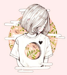 Rule 34 | 1girl, blush, crisalys, cropped torso, egasumi, closed eyes, heart, hole, hole in chest, hole on body, leaf, lips, looking to the side, medium hair, original, pink background, plant, shirt, short sleeves, simple background, solo, traditional media, upper body, white hair, white shirt
