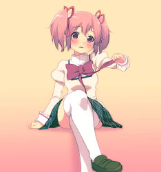 Rule 34 | 10s, 1girl, blush, bow, crossed legs, hair ribbon, kaname madoka, loafers, mahou shoujo madoka magica, mahou shoujo madoka magica (anime), pink eyes, pink hair, ribbon, school uniform, shoes, short hair, short twintails, simple background, sitting, smile, solo, thighhighs, twintails, uma56, white thighhighs