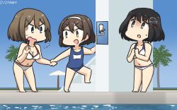 Rule 34 | 3girls, beach umbrella, bikini, black hair, blue eyes, blue one-piece swimsuit, blue sky, breasts, brown eyes, brown hair, cleavage, commentary request, dated, flying sweatdrops, full body, gradient sky, haguro (kancolle), hair ornament, hairband, hamu koutarou, highres, kantai collection, large breasts, looking up, maya (kancolle), multiple girls, name tag, one-hour drawing challenge, one-piece swimsuit, open mouth, palm tree, poolside, school swimsuit, short hair, sky, standing, swimsuit, tanikaze (kancolle), tree, umbrella, water, white bikini, white hairband, x hair ornament, x navel