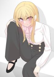 Rule 34 | 1girl, absurdres, arm at side, assault lily, black footwear, black pants, blonde hair, blunt bangs, breasts, buttons, closed mouth, commentary request, eyes visible through hair, foot out of frame, frilled shirt, frills, gradient background, grey background, hair between eyes, hair over one eye, hand on own knee, hand up, high-waist pants, high heels, highres, knee up, large breasts, long hair, long sleeves, looking at viewer, looking up, miyagawa takane, pants, pink eyes, saetusum, shadow, shirt, shoes, sitting, smirk, solo, white background, white shirt