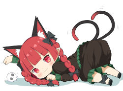 Rule 34 | 1girl, :3, animal ear fluff, animal ears, blush, braid, cat ears, cat tail, chibi, commentary request, crys (dai), extra ears, from behind, kaenbyou rin, long hair, looking at viewer, looking back, multiple tails, nekomata, paw pose, pointy ears, red eyes, red hair, simple background, skull, solo, tail, top-down bottom-up, touhou, twin braids, twintails, two tails, white background