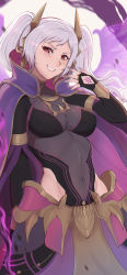 Rule 34 | 1girl, absurdres, aura, bad id, bad pixiv id, breasts, cleavage, commentary, covered navel, dark aura, dark persona, english commentary, evil smile, evomanaphy, eyes of grima, fake horns, fingernails, fire emblem, fire emblem awakening, fire emblem heroes, grey hair, grima (fire emblem), highres, horned headwear, horns, leotard, looking at viewer, nintendo, official alternate costume, possessed, red eyes, robin (female) (fire emblem), robin (fire emblem), see-through, see-through cleavage, sharp fingernails, skin tight, slit pupils, smile, solo, twintails