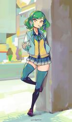 Rule 34 | 1girl, against wall, black thighhighs, blazer, blue jacket, blue neckwear, blue skirt, buttons, candy, cardigan, dolphin hair ornament, female focus, flat chest, food, food in mouth, full body, green hair, green thighhighs, hair ornament, hairclip, hands in pockets, highres, jacket, kitakoji hisui, loafers, lollipop, looking at viewer, mouth hold, nijisanji, open clothes, open jacket, pleated skirt, school uniform, shoes, short hair, skirt, solo, standing, standing on one leg, thighhighs, twitter username, virtual youtuber, woofycakes, yellow cardigan, yellow eyes, zettai ryouiki