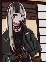 Rule 34 | 1girl, absurdres, ascot, black ascot, black gloves, black hair, blue eyes, capelet, choker, cigarette, collarbone, cross-laced clothes, cross-laced dress, dress, emblem, gloves, green capelet, green dress, grey hair, highres, hololive, hololive dev is, juufuutei raden, lace, lace choker, long hair, multicolored hair, open door, orange ribbon, red brooch, ribbon, smoke, smoking, solo, streaked hair, tacchan (hkrznarts), virtual youtuber