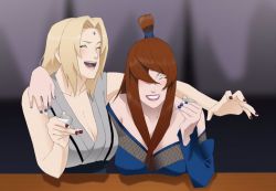 Rule 34 | 2girls, bare shoulders, blonde hair, breasts, brown hair, cleavage, closed eyes, cup, drinking, drunk, facial mark, forehead mark, hair over one eye, holding, holding cup, multiple girls, nail polish, naruto (series), naruto shippuuden, smile, teeth, terumi mei, topknot, tsunade (naruto), upper body