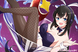 Rule 34 | 1girl, :d, animal ears, bare shoulders, black hair, blue eyes, blush, bow, bowtie, breasts, character request, cleavage, cocktail glass, cup, detached collar, drinking glass, enkichi totan, fake animal ears, fishnet pantyhose, fishnets, highres, large breasts, leotard, long hair, looking at viewer, open mouth, pantyhose, playboy bunny, rabbit ears, smile, solo, station memories, traditional bowtie, twitter username, wrist cuffs