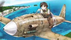 Rule 34 | aircraft, airplane, boots, braid, brown eyes, brown hair, flying, forest, gloves, goggles, highres, mc.202 folgore, nature, ocean, original, pantyhose, propeller, smile, solo, tokihama jirou, vehicle focus, world war ii