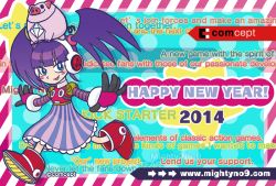 Rule 34 | 10s, 1girl, 2014, animal, animal on head, ankle boots, text background, blue eyes, blush stickers, boots, call d, english text, gem, happy new year, headphones, inafune keiji, joints, long hair, mighty no. 9, new year, on head, outstretched arms, pig, purple hair, robot joints, running, smile, spoilers, striped, twintails, vertical stripes, watermark, web address