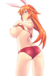 Rule 34 | 1girl, :o, animal ears, ass, bad id, bad pixiv id, blue eyes, bra, bra lift, breasts, charlotte e. yeager, flat ass, from behind, huge breasts, kaida bola, lingerie, long hair, looking back, nipples, orange hair, rabbit ears, rabbit girl, short shorts, shorts, sidelocks, simple background, solo, strike witches, underwear, white background, world witches series