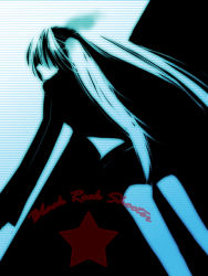 Rule 34 | 10s, 1girl, black&acirc;&tilde;&hellip;rock shooter, black rock shooter, black rock shooter (character), blue theme, from behind, gin (pixiv45626), hatsune miku, jacket, long hair, long sleeves, monochrome, shorts, solo, standing, twintails, very long hair, vocaloid