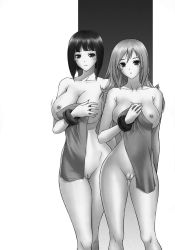 Rule 34 | 2girls, bare arms, bare legs, blush, bracelet, breasts, cleavage, cleft of venus, collarbone, covering privates, covering breasts, female focus, greyscale, highres, iruma kamiri, jewelry, large breasts, legs, long hair, looking at viewer, monochrome, multiple girls, naked towel, neck, nipples, nude, parted lips, pussy, short hair, smile, standing, towel, uncensored
