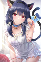 Rule 34 | 1girl, :3, animal ear fluff, animal ears, bell, black hair, black hairband, blue bow, blue collar, blue nails, bow, breasts, cat ears, cat tail, closed mouth, collar, collarbone, commentary request, day, dress, flower, frilled dress, frills, hair bow, hair flower, hair ornament, hair over shoulder, hairband, hand up, highres, idolmaster, idolmaster shiny colors, jingle bell, long hair, low twintails, morino rinze, nail polish, neck bell, red eyes, resolution mismatch, rose, sleeveless, sleeveless dress, small breasts, smile, solo, source smaller, string, string around finger, string of fate, sunlight, tail, tail bell, tail bow, tail ornament, twintails, urabi (tomatohouse), white bow, white dress, white flower, white rose, window, yarn, yarn ball