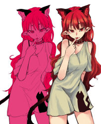 Rule 34 | 1girl, alternate costume, alternate hairstyle, animal ears, blush, cat ears, cat tail, collar, cowboy shot, extra ears, highres, kaenbyou rin, long hair, looking at viewer, nail polish, naughty face, pointy ears, red eyes, red hair, red nails, simple background, smile, solo, tail, touhou, very long hair, white background, yunuki uta