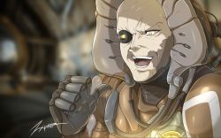 Rule 34 | 1boy, armor, bald, cable, captain vor, commentary, deflect, glowing, glowing eye, jojo no kimyou na bouken, kono dio da (meme), male focus, mechanical parts, meme, old, old man, open mouth, parody, pointing, pointing at self, smile, solo, teeth, warframe, yellow eyes, zxpfer