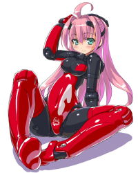 Rule 34 | 1girl, ach, ahoge, bad id, bad pixiv id, blue eyes, breasts, busou shinki, covered navel, dd (ijigendd), doll joints, hand on own head, hip focus, joints, knees apart feet together, long hair, looking at viewer, medium breasts, pink hair, simple background, solo, white background