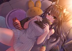 Rule 34 | 1girl, :d, animal ear fluff, animal ears, bare shoulders, blush, brown eyes, brown hair, commentary request, couch, detached sleeves, dress, fang, hair ornament, hands up, highres, holding, indie virtual youtuber, long hair, looking at viewer, lying, on back, on couch, open mouth, pillow, ribbed sweater, short sleeves, sleeveless, sleeveless sweater, smile, solo, striped, stuffed animal, stuffed rabbit, stuffed toy, sweater, sweater dress, tenga, translation request, usagihime, usagihime (vtuber), very long hair, virtual youtuber, white sleeves, white sweater