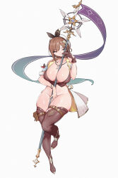 Rule 34 | 1girl, absurdres, atelier (series), atelier ryza, atelier ryza 1, between breasts, bottomless, breasts, bridal legwear, brown eyes, brown gloves, brown hair, cleavage, full body, gloves, hair ornament, highres, holding, holding staff, jacket, jewelry, key, key necklace, lamsass, large breasts, leather, leather gloves, necklace, reisalin stout, single glove, sleeveless, sleeveless jacket, solo, staff, white background, white headwear, yellow jacket