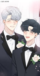 Rule 34 | 2boys, absurdres, bam u, black bow, black bowtie, black hair, blush, bow, bowtie, cherry blossoms after winter, closed eyes, highres, jo taesung, korean commentary, male focus, multiple boys, rose pin, second-party source, seo haebom, smile, wedding photo, white hair, yaoi