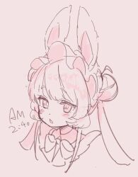 Rule 34 | 1girl, animal ears, blush stickers, bow, brown background, commentary, copyright request, cropped shoulders, double bun, hair bun, highres, jigatei (omijin), long hair, looking at viewer, monochrome, parted lips, portrait, rabbit ears, simple background, solo, twintails