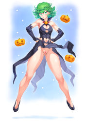 Rule 34 | 1girl, alternate costume, armpits, bare shoulders, black dress, blush, breasts, bridal gauntlets, censored, cleavage cutout, clothing cutout, curly hair, dress, fantasy, floating, floating object, flying, full body, glowing, gluteal fold, green eyes, green hair, halloween, hands on own hips, jack-o&#039;-lantern, legs, legs apart, levitation, looking at viewer, magic, medium breasts, mogudan, navel, one-punch man, psychic, pumpkin, pussy, shoes, short hair, simple background, solo, tatsumaki, telekinesis, thick thighs, thighs