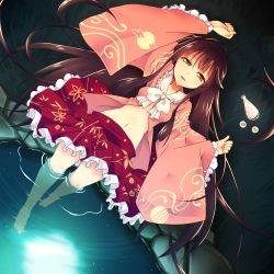Rule 34 | 1girl, alcohol, arms up, barefoot, black hair, brown hair, female focus, frilled skirt, frilled sleeves, frills, from above, full moon, grass, houraisan kaguya, kotomuke fuurin, long hair, lying, midriff, moon, moon reflection, navel, night, night sky, on back, open clothes, open mouth, open shirt, pond, red eyes, reflection, sake, shirt, skirt, sky, slit pupils, smile, soaking feet, solo, submerged, tokkuri, touhou, unbuttoned, very long hair, water, wide sleeves