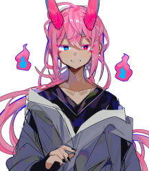 Rule 34 | 1boy, alternate hair length, alternate hairstyle, black shirt, blue eyes, bright pupils, colored eyelashes, commentary request, crossed bangs, grin, hair between eyes, heterochromia, highres, hitodama, horns, jacket, long hair, long sleeves, looking at viewer, male focus, oni, oni horn, original, pink eyes, pink hair, pink horns, raito-kun (uenomigi), shirt, simple background, smile, solo, uenomigi, white background, white jacket, white pupils