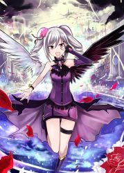 Rule 34 | 10s, 1girl, absurdres, angel wings, dress, drill hair, highres, idolmaster, idolmaster cinderella girls, kanzaki ranko, long hair, looking at viewer, nerotarou, open mouth, red eyes, rosenburg engel, silver hair, smile, solo, twin drills, twintails, wings