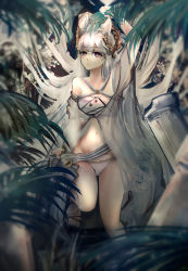 Rule 34 | 1girl, absurdres, animal ears, arknights, bare shoulders, bikini, brown eyes, commentary, groin, highres, long hair, looking at viewer, navel, official alternate costume, platinum (arknights), platinum (shimmering dew) (arknights), silver hair, solo, stomach, swimsuit, thighs, vyragami, white bikini