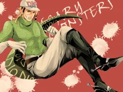 Rule 34 | 1boy, bandages, bandage on face, blonde hair, boots, diego brando, gloves, green lips, green shirt, hat, jojo no kimyou na bouken, kino (o2ban0), lipstick, makeup, male focus, red eyes, scary monsters (stand), shirt, short hair, solo, spurs, stand (jojo), steel ball run, sweater, tail, turtleneck