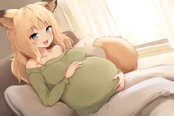 Rule 34 | 1girl, :d, animal ear fluff, animal ears, batta (kanzume quality), blonde hair, blue eyes, blush, breasts, commentary request, day, dutch angle, fox ears, fox girl, fox tail, fox wife (batta (kanzume quality)), green sweater, hands on own stomach, indoors, kitsune no oyome-chan, long hair, long sleeves, looking at viewer, medium breasts, off-shoulder sweater, off shoulder, open mouth, pants, pillow, pregnant, sitting, smile, solo, sunlight, sweater, tail, teeth, upper teeth only, white pants