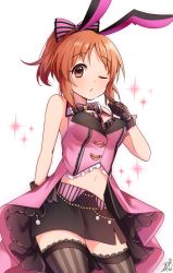 Rule 34 | 1girl, abe nana, animal ears, arm at side, bare arms, bare shoulders, black gloves, black skirt, black thighhighs, blush, bow, bowtie, bra, breasts, chain, cleavage, collared vest, cowboy shot, dot nose, eyelashes, fake animal ears, frills, gloves, gold chain, hair bow, high ponytail, idolmaster, idolmaster cinderella girls, jewelry, lace, lace-trimmed legwear, lace trim, looking at viewer, medium breasts, medium hair, midriff, miniskirt, navel, omuretsu, one eye closed, open mouth, orange hair, overskirt, pink bow, pink bowtie, pink bra, pink vest, pointing, pointing at self, rabbit ears, red eyes, see-through, see-through legwear, sidelocks, signature, skirt, sleeveless, solo, sparkle, striped bow, striped clothes, striped thighhighs, tareme, thighhighs, underwear, vest, white background