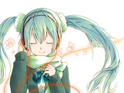 Rule 34 | 1girl, bad id, bad pixiv id, dorui, closed eyes, green hair, hatsune miku, headphones, long hair, musical note, scarf, simple background, smile, solo, twintails, vocaloid, white background