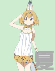 Rule 34 | 10s, 1girl, adapted costume, animal ears, bare shoulders, blonde hair, bow, bowtie, breasts, brown eyes, camisole, cleavage, green background, highres, kemono friends, looking at viewer, print skirt, purin a la mode (popup), serval (kemono friends), serval print, serval tail, short hair, simple background, skirt, smile, solo, tail, translated, wristband