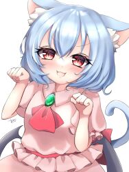 Rule 34 | 1girl, animal ears, bat wings, blue hair, blush, cat ears, cat girl, cat tail, dress, frilled sleeves, frills, hands up, highres, jewelry, no headwear, open mouth, pink dress, puffy short sleeves, puffy sleeves, red eyes, red ribbon, remilia scarlet, ribbon, short hair, short sleeves, simple background, smile, solo, tail, touhou, white background, wings, wtbear 214