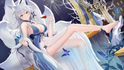 Rule 34 | 1girl, absurdres, alcohol, animal ear fluff, animal ears, artist request, ass, azur lane, blue butterfly, blue collar, bug, butterfly, butterfly on hand, collar, dress, feet, feet out of frame, fireworks, floating, hair between eyes, halter dress, halterneck, high heels, highres, insect, kitsune, kyuubi, large tail, long hair, looking at viewer, multiple tails, shinano (azur lane), shinano (dreams of the hazy moon) (azur lane), shoes, silver hair, single shoe, solo, tail, very long hair, white tail, wine