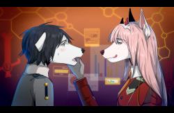 Rule 34 | 10s, 1boy, 1girl, animal ears, black hair, blue eyes, blush, couple, darling in the franxx, dog ears, fringe trim, from side, green eyes, hair ornament, hairband, hand on another&#039;s face, hetero, highres, hiro (darling in the franxx), horns, letterboxed, lipstick, long hair, long sleeves, looking at another, makeup, military, military uniform, necktie, oni horns, orange neckwear, pink hair, red horns, short hair, solutarou, uniform, white hairband, zero two (darling in the franxx)