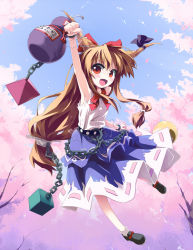 Rule 34 | 1girl, :d, arm up, armpits, blonde hair, bow, chain, cherry blossoms, female focus, gourd, grune, hair bow, highres, horns, ibuki suika, jumping, long hair, open mouth, orange eyes, outstretched arm, red eyes, smile, solo, touhou