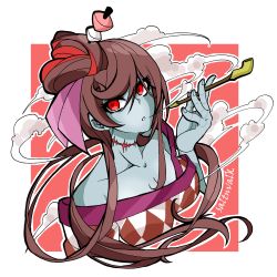 Rule 34 | 10s, absurdres, brown hair, checkered clothes, checkered kimono, dango hair ornament, food-themed hair ornament, food themed hair ornament, hair ornament, highres, holding, holding smoking pipe, japanese clothes, kimono, long hair, looking at viewer, off shoulder, smoking pipe, red background, red eyes, saltnvalk, scar, scar on neck, signature, smoking, yuugiri (zombie land saga), zombie, zombie land saga