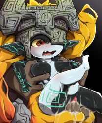 Rule 34 | 1boy, 1girl, black background, blush, grabbing another&#039;s breast, breasts, censored, cum, cum in pussy, dagashi (daga2626), fang, girl on top, grabbing, helmet, hetero, highres, long hair, midna, nintendo, nipples, one eye covered, open mouth, orange hair, penis, pointy ears, pussy, red eyes, saliva, sweat, tears, the legend of zelda, the legend of zelda: twilight princess, vaginal, very long hair
