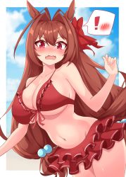 Rule 34 | !, 1girl, absurdres, animal ears, bikini, blush, breasts, brown hair, cleavage, collarbone, commentary, commentary request, daiwa scarlet (trifle vacation) (umamusume), daiwa scarlet (umamusume), hair intakes, hair ornament, hand up, highres, horse ears, horse girl, large breasts, long hair, looking at viewer, navel, open mouth, outdoors, red bikini, red eyes, solo, swimsuit, tachibana (cyclone1316), umamusume, underboob